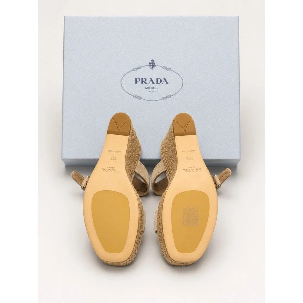Prada Beige Suede Espadrille Wedge Sandals Ankle Strap Women's Size 37.5 (7.5)
